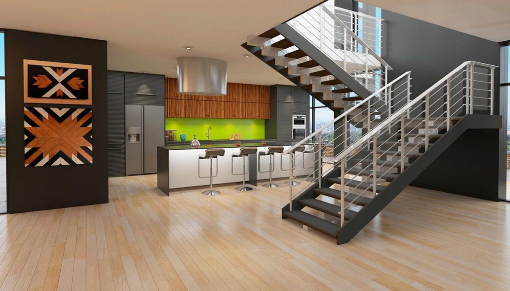 Escalier industriel, double limon en acier et garde-corps en inox